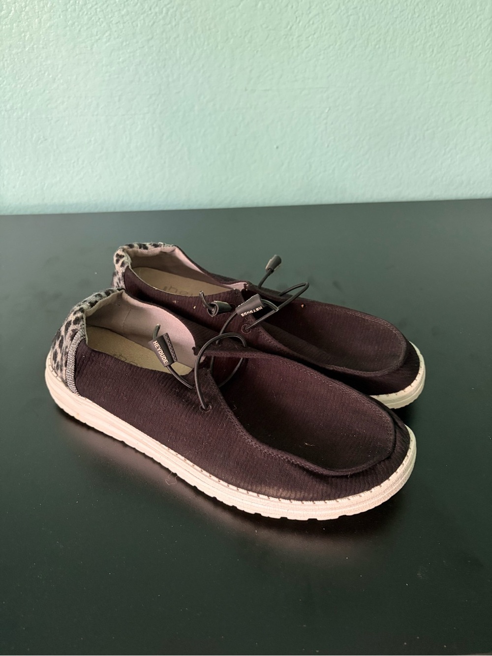 Hey Dude Black Slip-On Loafers with Leopard Heel